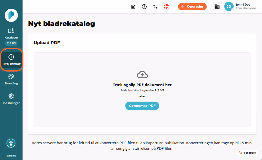 Papeturn dashboardet åbner på siden Ny bladrekatalog. Sidepanelet til venstre viser Bladrekataloger Papeturn dashboardet åbner på siden Ny bladrekatalog. Sidepanelet til venstre viser Bladrekataloger