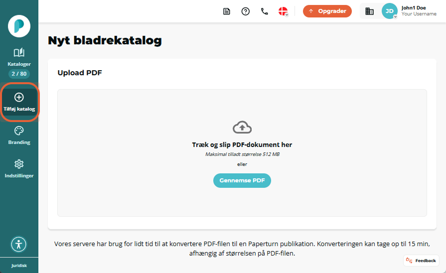 Papeturn dashboardet åbner på siden Ny bladrekatalog. Sidepanelet til venstre viser Bladrekataloger 