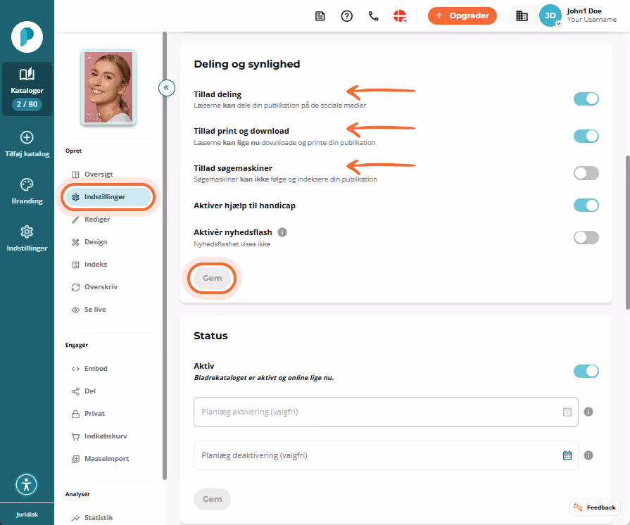 Sektionen Deling og synlighed i Indstillinger. Skiftere for Tillad deling og Tillad læser download o Sektionen Deling og synlighed i Indstillinger. Skiftere for Tillad deling og Tillad læser download o