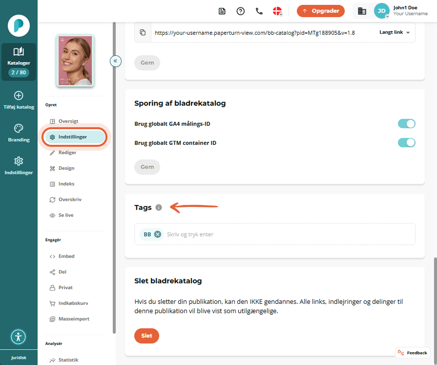 Tags sektionen i Indstillinger med et tomt inputfelt og et enkelt eksisterende tag BB. Under det fin