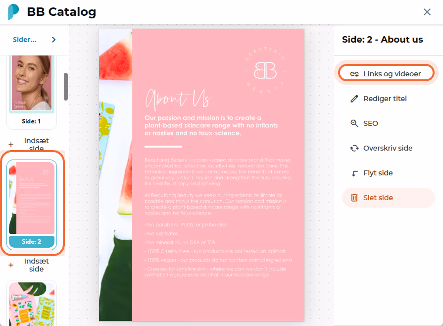 BB Catalog-sideeditor viser side 2 valgt og sidebjælkevalget “Links and videos” fremhævet.