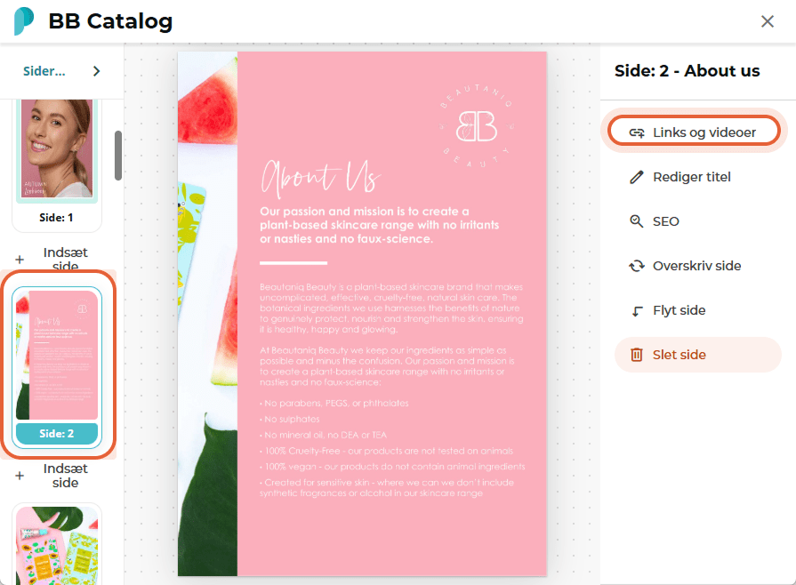 BB Catalog-sideeditor viser side 2 valgt og sidebjælkevalget “Links and videos” fremhævet.