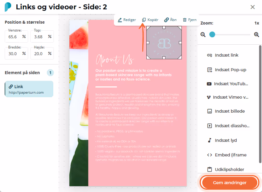 Links og videoer-modal med et logolink valgt under en kopieringsværktøjslinje; knappen “Save changes