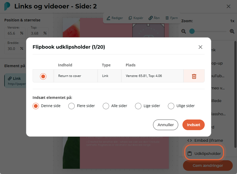 Flipbook-udklipsholderdialog viser ét kopieret linkelement og radiomuligheder for, hvor det skal ind
