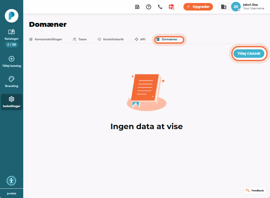 Domains-siden viser fanen “Domains” og knappen “Add CNAME” fremhævet.