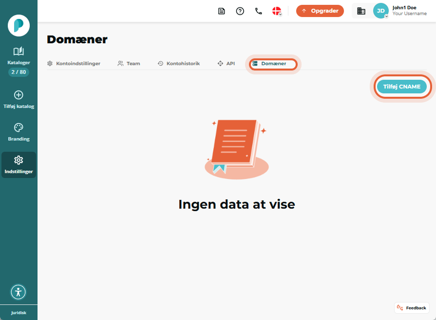 Domains-siden viser fanen “Domains” og knappen “Add CNAME” fremhævet.