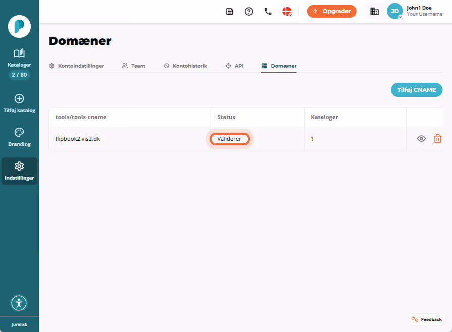 Domains-listen viser én CNAME-post med statusmærket “Validating” fremhævet.
