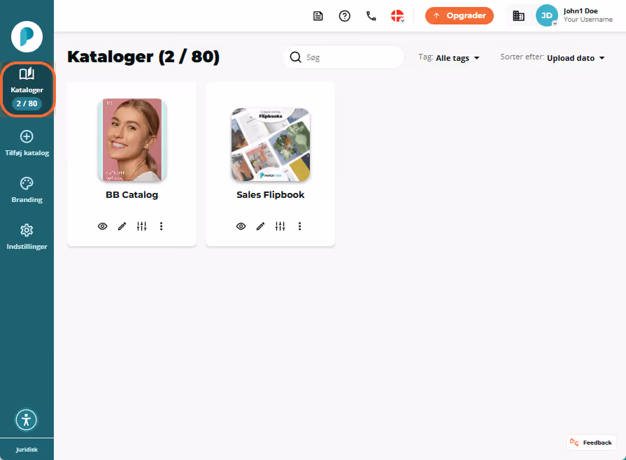 Sidepanelets Flipbooks-sektion fremhævet på hoveddashboardet.