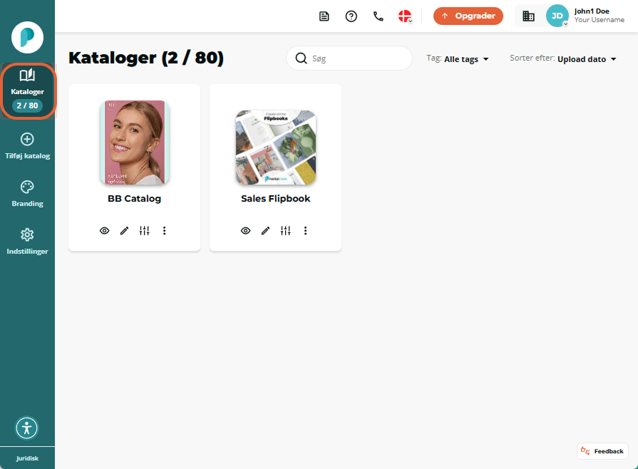 Sidepanelets Flipbooks-sektion fremhævet på hoveddashboardet.