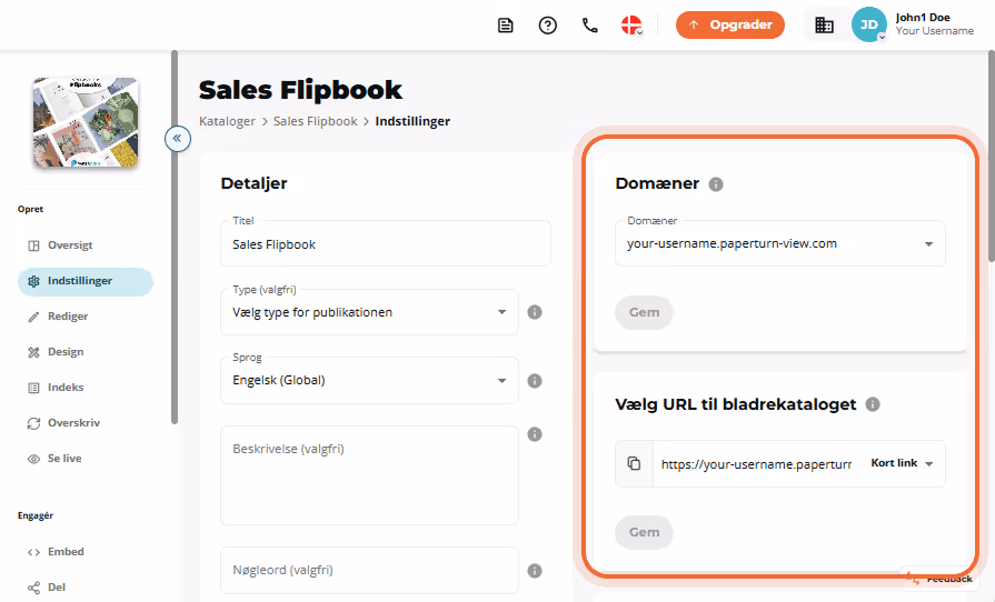 Sales Flipbook-indstillingsside med tom Domains-rullemenu og markeret URL-indstillingspanel.