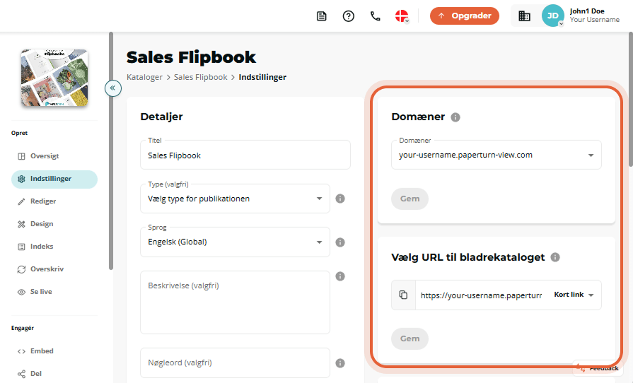 Sales Flipbook-indstillingsside med tom Domains-rullemenu og markeret URL-indstillingspanel. Sales Flipbook-indstillingsside med tom Domains-rullemenu og markeret URL-indstillingspanel.