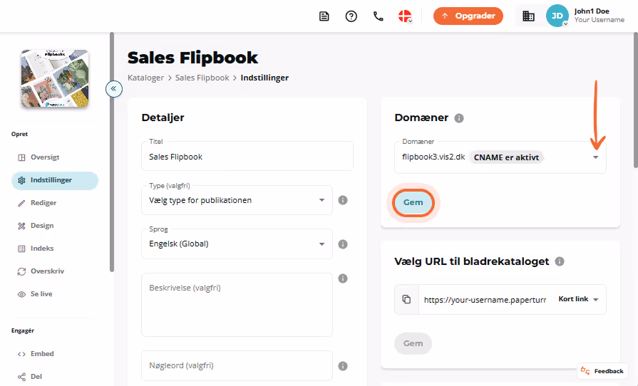 Sales Flipbook-indstillingsside med aktiveret CNAME valgt i Domains-rullemenuen og knappen “Save” fr