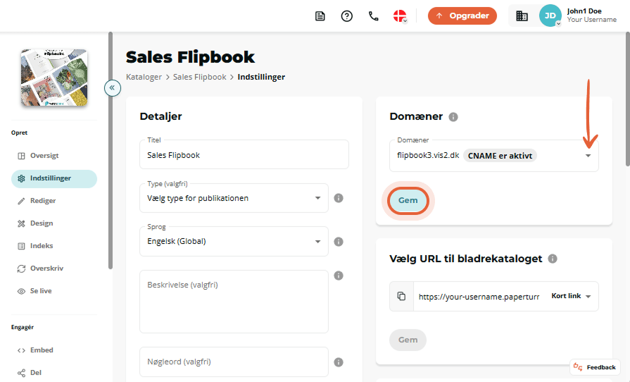 Sales Flipbook-indstillingsside med aktiveret CNAME valgt i Domains-rullemenuen og knappen “Save” fr