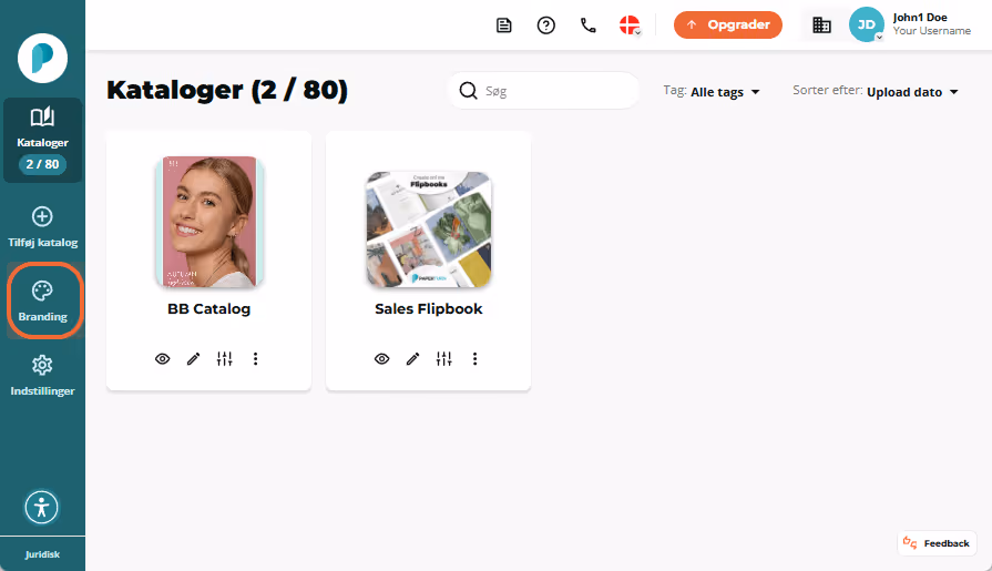 Flipbooks-dashboard med to flipbook-kort; venstre sidemenu “Branding”-knap er fremhævet.