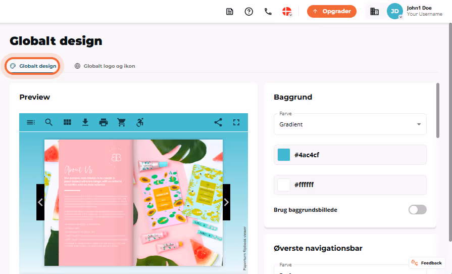 Globalt designside åbnet med fanen “Globalt design” aktiv og en flipbook-preview samt baggrundsgradi