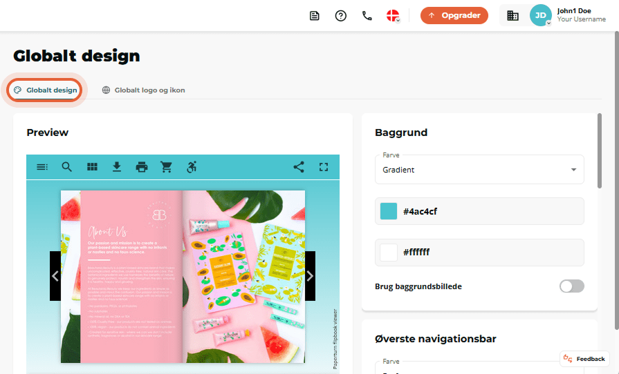 Globalt designside åbnet med fanen “Globalt design” aktiv og en flipbook-preview samt baggrundsgradi