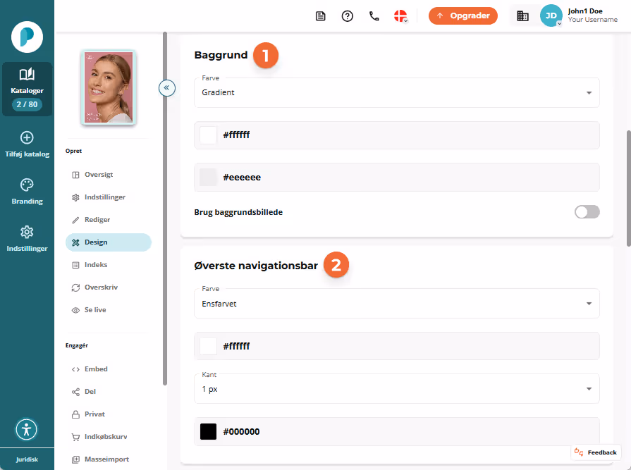 Flipbook-niveau Designindstillinger, der viser afsnittet “Baggrund” markeret med 1 og “Topbjælke” ma