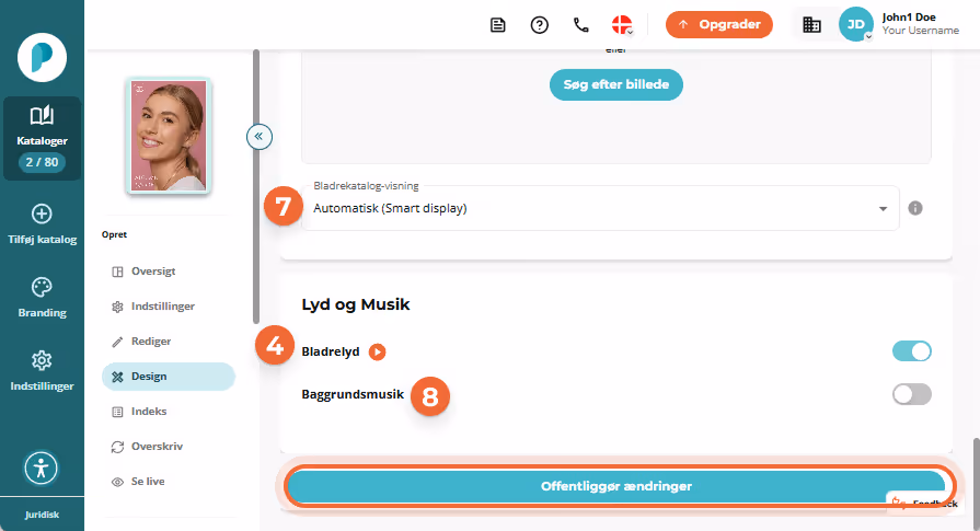 Lyd og musik sektion, hvor flip-lyd er markeret med 4, baggrundsmusik-valg markeret med 8, og den tu