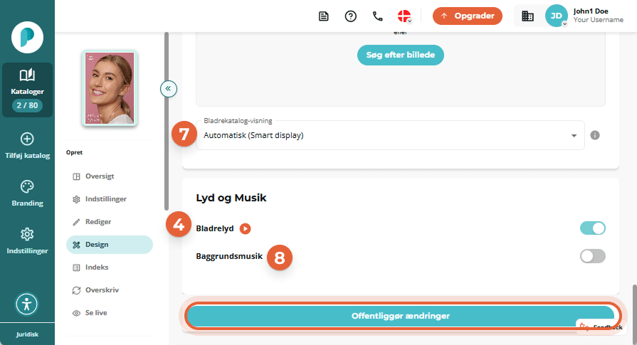Lyd og musik sektion, hvor flip-lyd er markeret med 4, baggrundsmusik-valg markeret med 8, og den tu