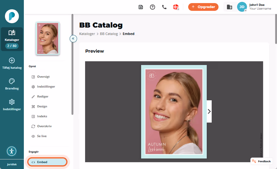 I fanen for flipbook-indlejring, få vist hvordan flipbooken vil se ud, når den er indlejret.