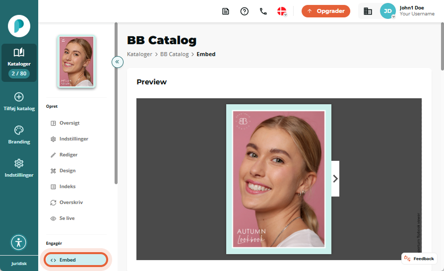 I fanen for flipbook-indlejring, få vist hvordan flipbooken vil se ud, når den er indlejret.