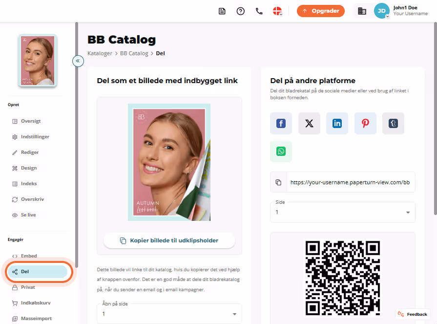 “BB Catalog” Share-fanen med en billedlink-forhåndsvisning og synlige ikoner til deling på sociale m “BB Catalog” Share-fanen med en billedlink-forhåndsvisning og synlige ikoner til deling på sociale m