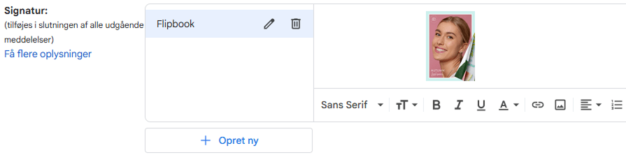 Gmail-signatureditor, der viser flipbook-forsidebilledet indsat i signaturen.