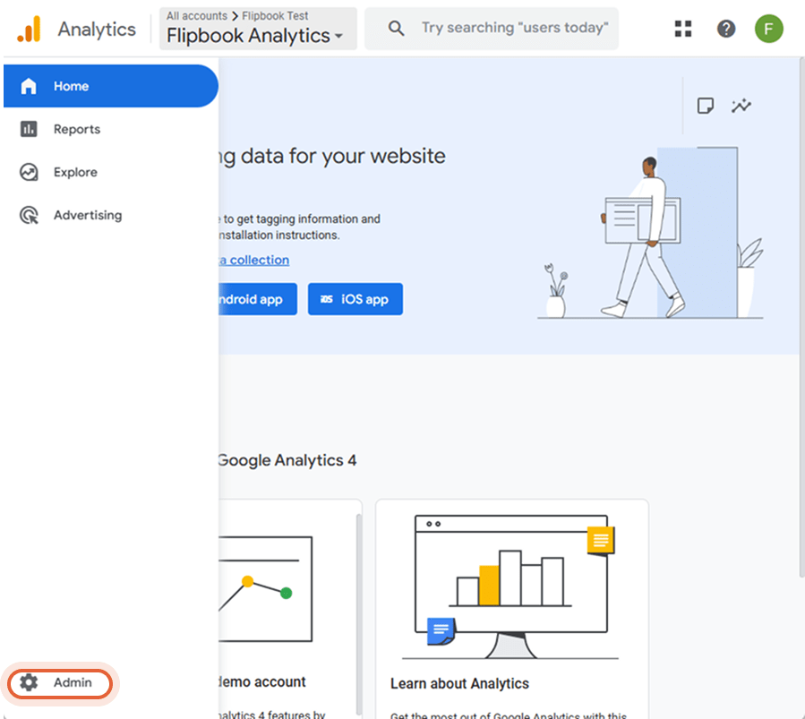 Google Analytics-startskærm, der viser Flipbook Analytics-kontoen og en sidebjælke med Admin-knappen
