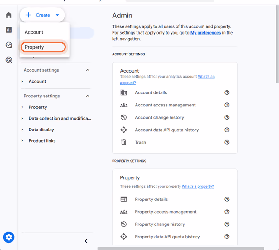 Admin-sektionen i Google Analytics med muligheden for at oprette en ny ejendom valgt.