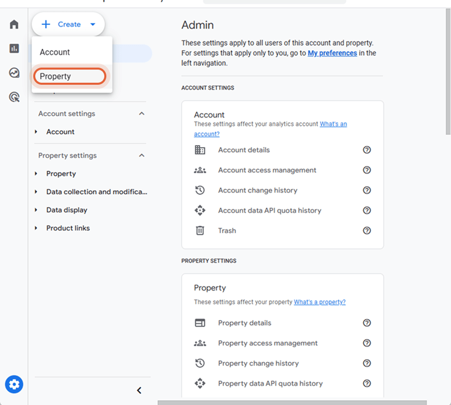 Admin-sektionen i Google Analytics med muligheden for at oprette en ny ejendom valgt.