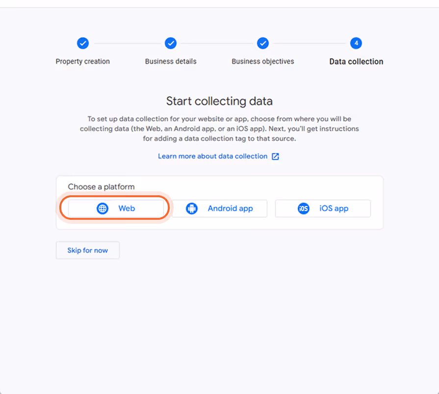 Oprettelse af datainindsamling i Google Analytics med Web-platformen fremhævet. for BB Catalog med b