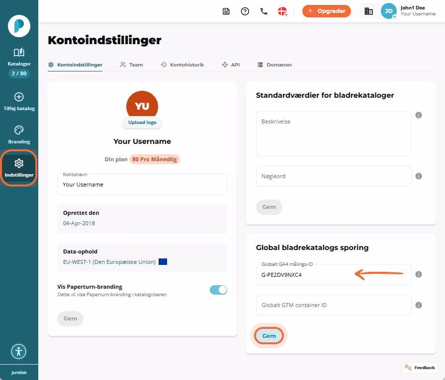 Paperturns kontoinstillinger, der viser, hvor man skal indtaste GA4-målings-ID’et.