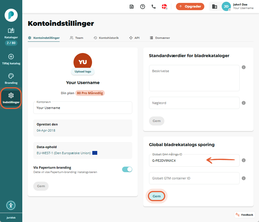 Paperturns kontoinstillinger, der viser, hvor man skal indtaste GA4-målings-ID’et.