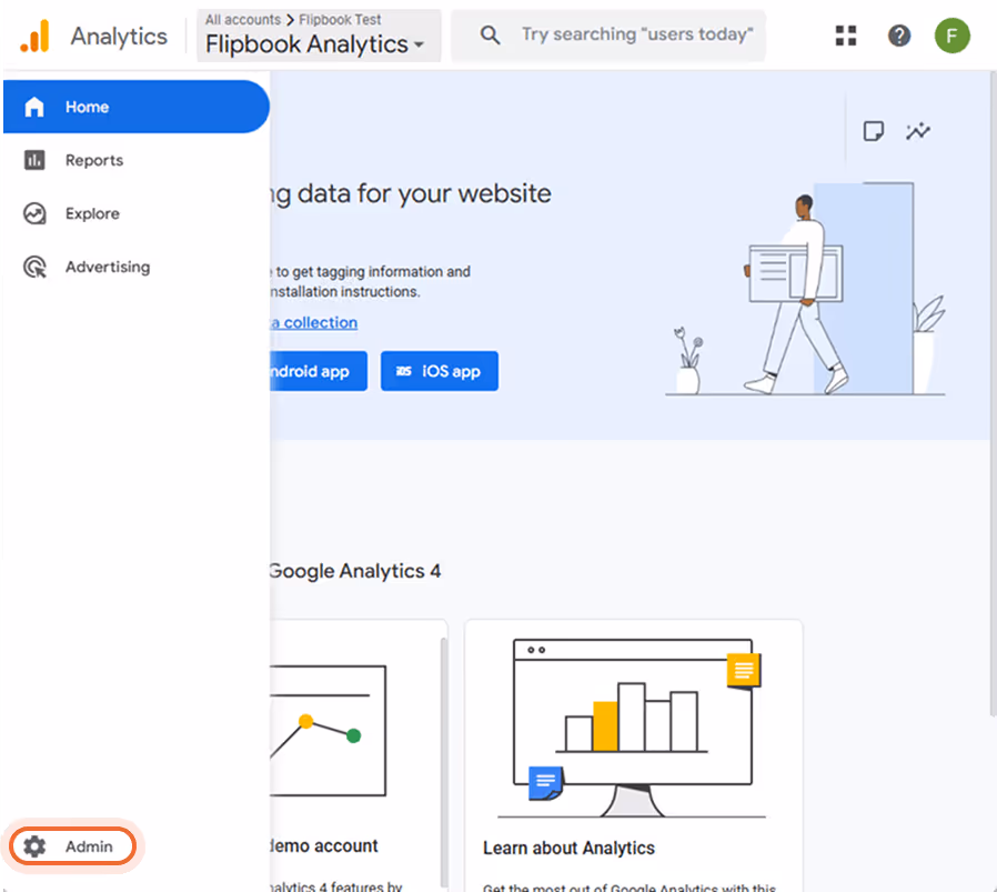 Google Analytics' admin-område med oprettelse af ejendom og ejendomsindstillinger synlige. med knapp