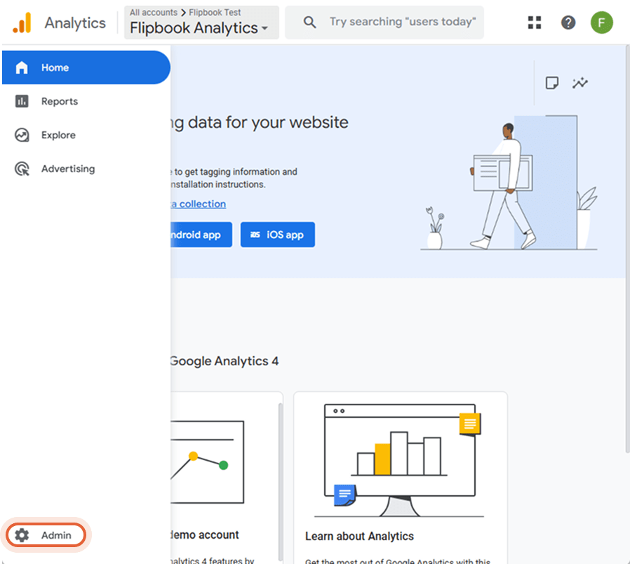 Google Analytics' admin-område med oprettelse af ejendom og ejendomsindstillinger synlige. med knapp