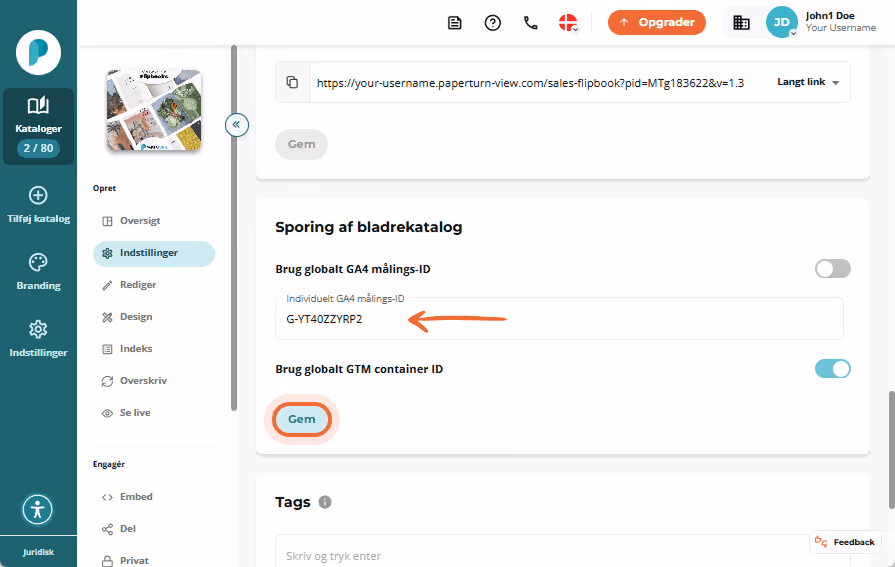 Indstillinger for flipbook-sporing med GA4-målings-ID udfyldt og 