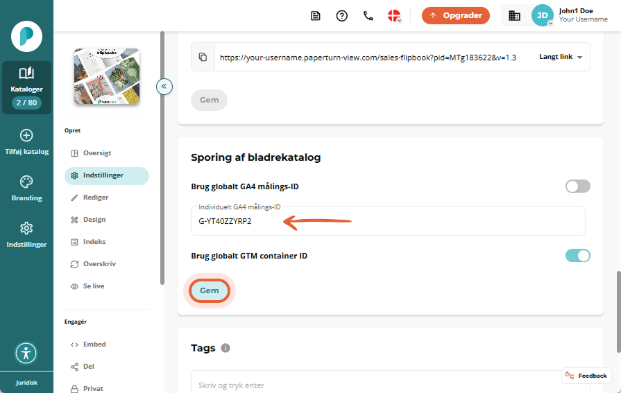 Indstillinger for flipbook-sporing med GA4-målings-ID udfyldt og 