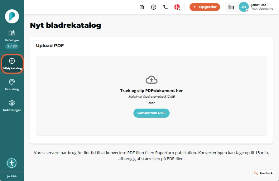 Paperturn dashboard visning af “Ny bladrekatalog” med knappen “＋ Ny” i sidepanelet markeret med cirk