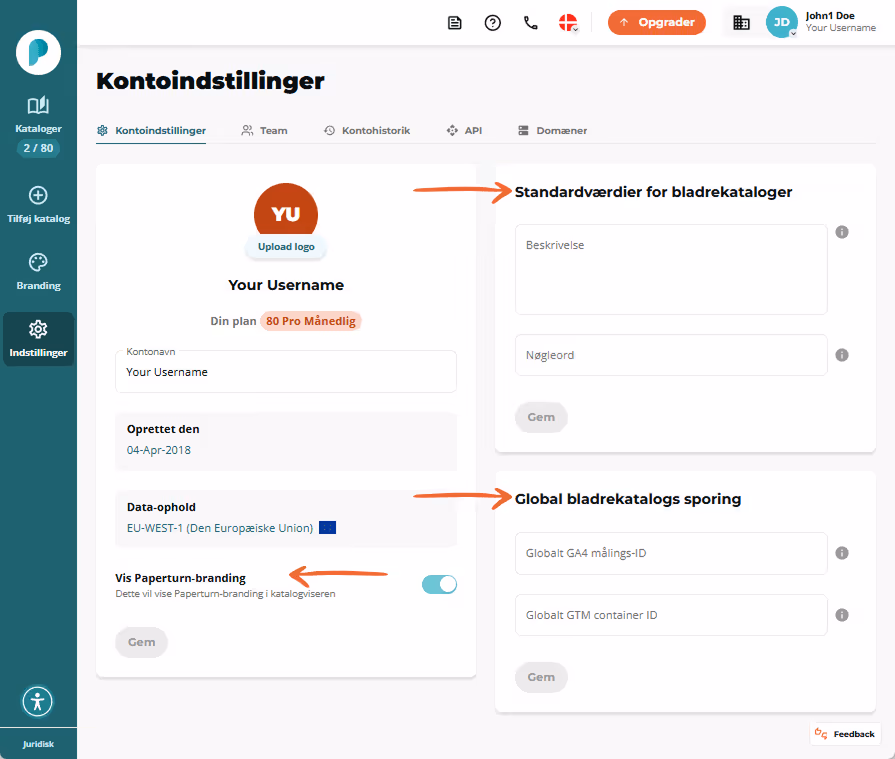 Skærmbillede af kontoinstillinger der viser kontooplysninger standardfelter for bladrekatalog brandi Skærmbillede af kontoinstillinger der viser kontooplysninger standardfelter for bladrekatalog brandi