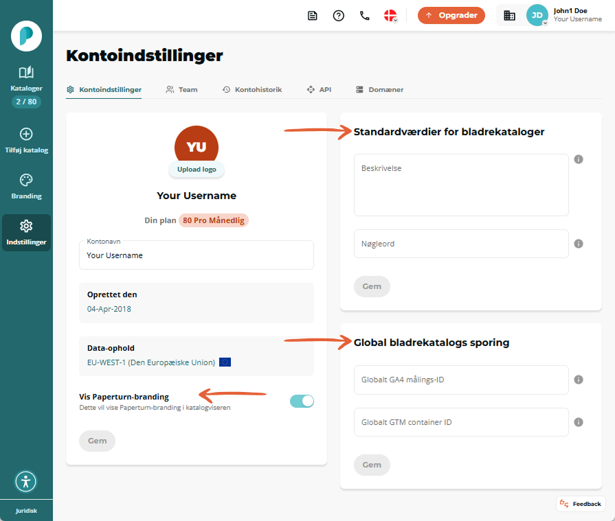 Skærmbillede af kontoinstillinger der viser kontooplysninger standardfelter for bladrekatalog brandi