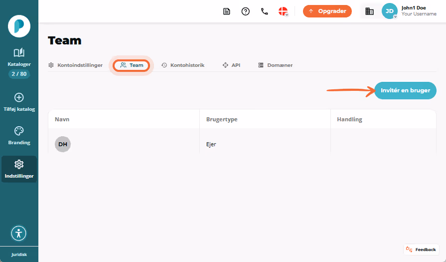 Screenshot af platformen der viser hvordan en bruger kan navigere til Team funktionen for at tilføje Screenshot af platformen der viser hvordan en bruger kan navigere til Team funktionen for at tilføje