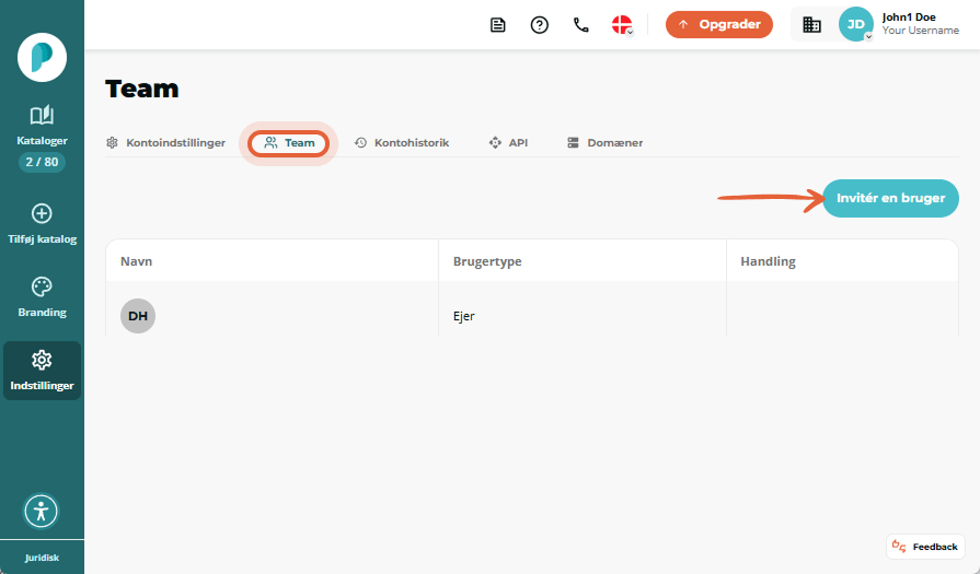 Screenshot af platformen der viser hvordan en bruger kan navigere til Team funktionen for at tilføje