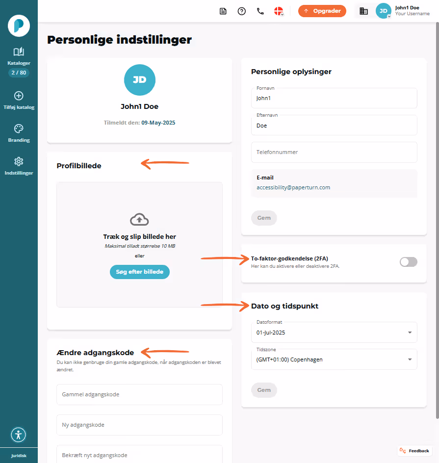Side med personlige indstillinger hvor avatar billeduploadfelt kontaktfelter 2FA skifte samt sektion Side med personlige indstillinger hvor avatar billeduploadfelt kontaktfelter 2FA skifte samt sektion