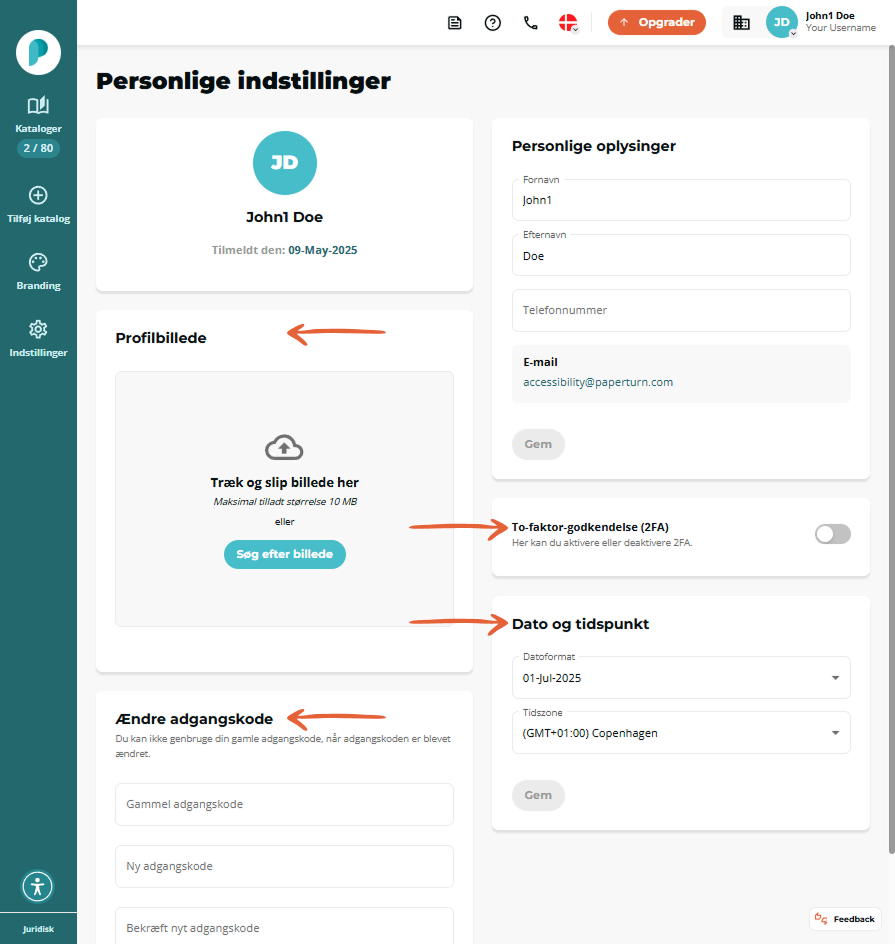 Side med personlige indstillinger hvor avatar billeduploadfelt kontaktfelter 2FA skifte samt sektion