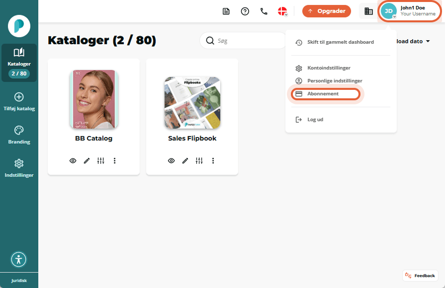 Oversigt over bladrekataloger med profilmenuen åben “Abonnement” er markeret med cirkel i dropdownme