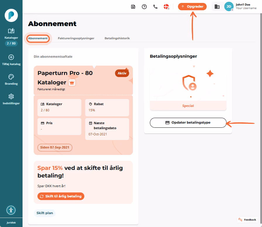 Abonnementsside der viser plankort betalingsmetodepanel med pil mod knappen “Opdater betalingsmetode Abonnementsside der viser plankort betalingsmetodepanel med pil mod knappen “Opdater betalingsmetode