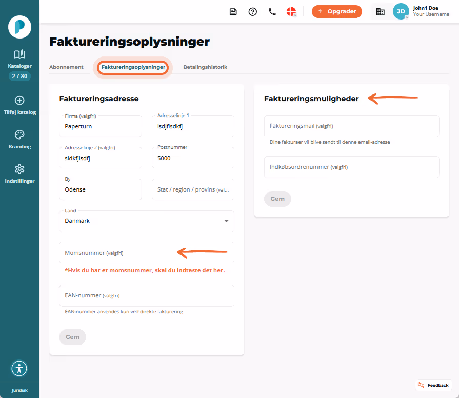 Fanen Faktureringsoplysninger er valgt adresse og moms felter til venstre og faktureringsmuligheder 