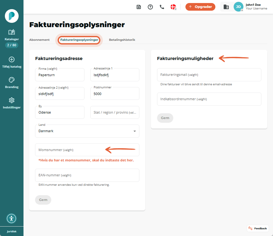 Fanen Faktureringsoplysninger er valgt adresse og moms felter til venstre og faktureringsmuligheder 