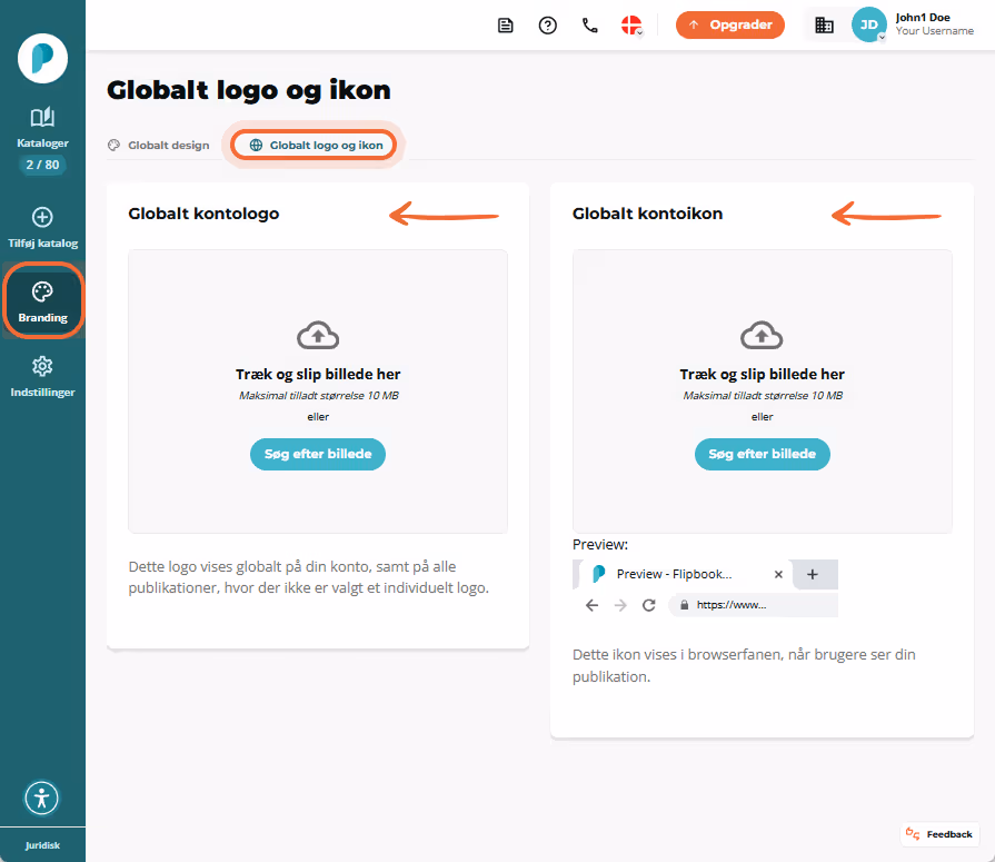 Branding Global logo og ikon side to uploadfelter til kontologo og favicon er fremhævet og både bran Branding Global logo og ikon side to uploadfelter til kontologo og favicon er fremhævet og både bran
