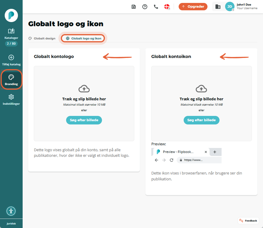 Branding Global logo og ikon side to uploadfelter til kontologo og favicon er fremhævet og både bran